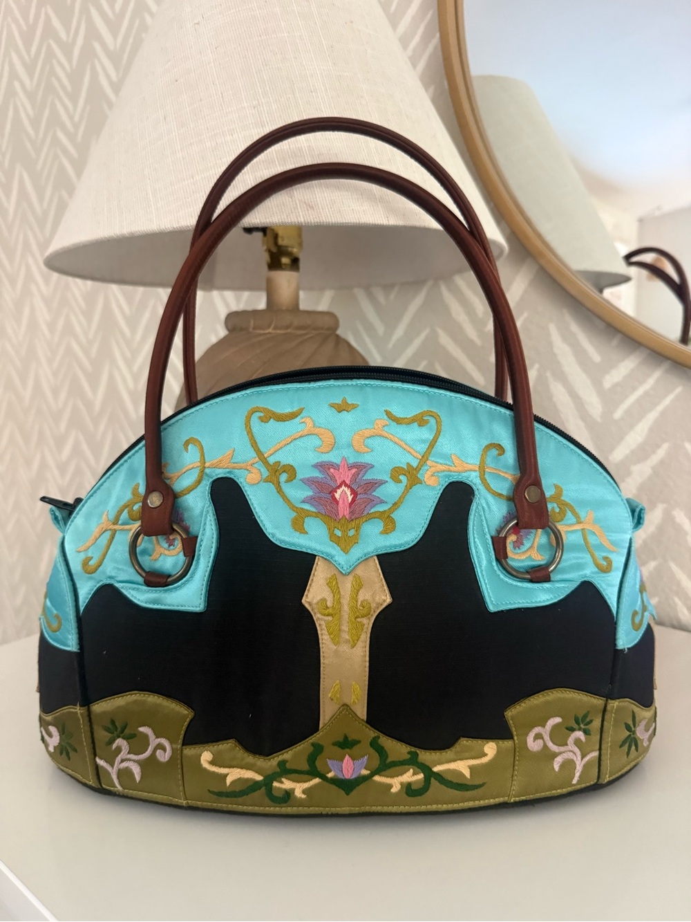 OVO Turquoise, Olive & Brown Embroidered Satchel